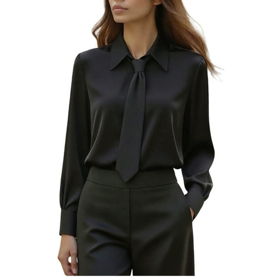 Miluxas Shirts for Women Loose Solid Color Long Sleeve Blouse Business Casual Work Tops Black XXL(XXL)