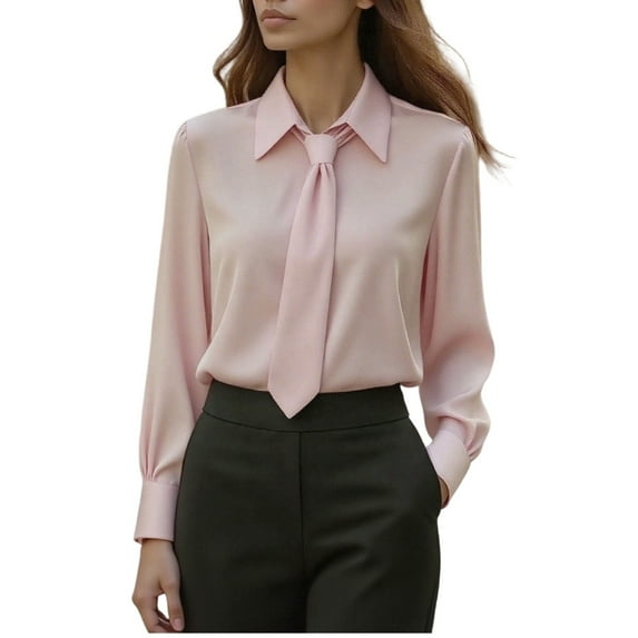 Miluxas Shirts for Women Loose Solid Color Long Sleeve Blouse Business Casual Work Tops Pink S(S)
