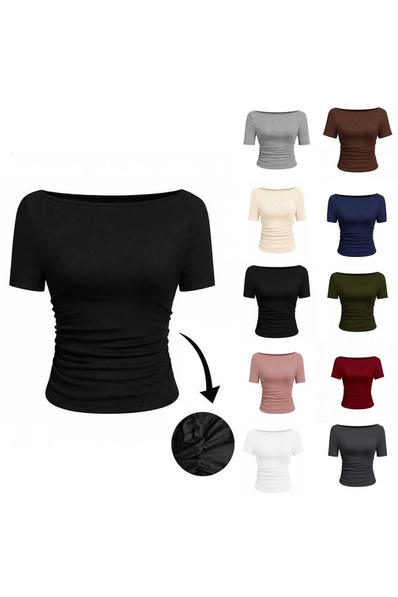 Short Sleeve Shirts for Women Spring Boat Neck Ribbed Knit Ruched Tops Solid Casual Basic Tees Slim Fitted Going Out Tops White
