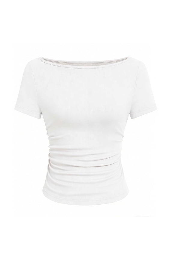Short Sleeve Shirts for Women Spring Boat Neck Ribbed Knit Ruched Tops Solid Casual Basic Tees Slim Fitted Going Out Tops White