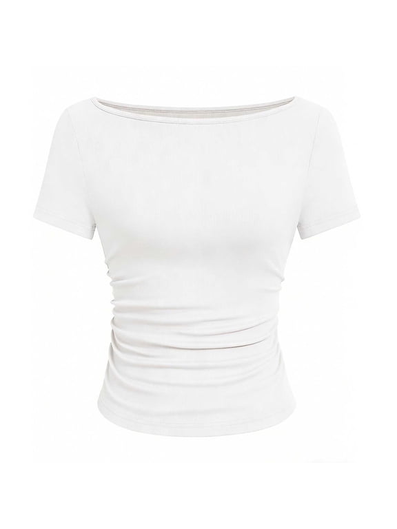 Short Sleeve Shirts for Women Spring Boat Neck Ribbed Knit Ruched Tops Solid Casual Basic Tees Slim Fitted Going Out Tops White