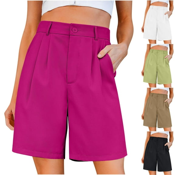 Miluxas Shorts for Women Bermuda Shorts Casual High Waisted Wide Leg Shorts Knee Length Summer Shorts with Pockets White