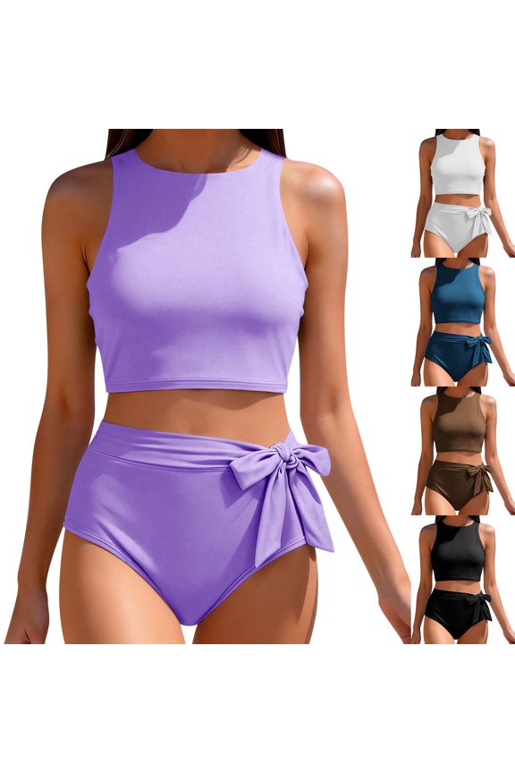 Side Bow Tie Bikini Sets for Women Tummy Control Fully Coverage 2 Piece Swimsuits Solid Color Beachwear White