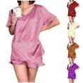thumbnail image 1 of Miluxas Silk Pajamas for Women Short Sleeve Satin Sleepwear Two Piece Pj Sets with Ruffled Shorts Casual Loungewear Red 10(XL), 1 of 7