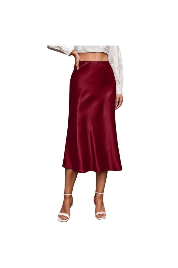 Silk Skirts for Women Satin High Waisted Midi Skirt Elegant A Line Skirt Business Casual Cocktail Party Dress Wine L(L)