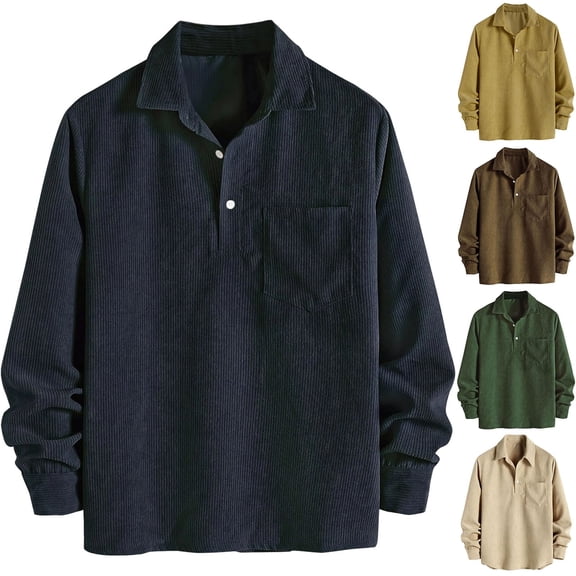 Miluxas Simple Corduroy Corn Plaid Lapel Button Casual Long-Sleeved Polo Shirt, Men's Retro Collared Tops with Pocket Yellow