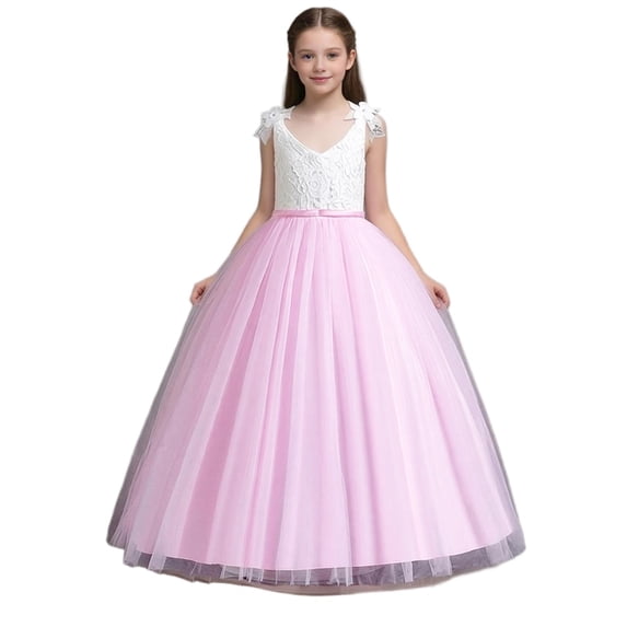 Miluxas Sleeveless Flower Girl Dress A-Line Straight Tutu Tulle Backless Princess Puffy Lace Dresses Party Gown Pink 6-7 Years