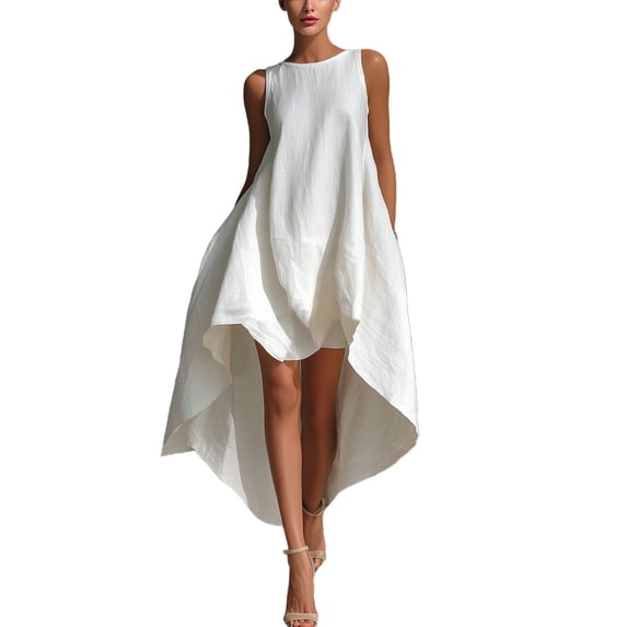 Miluxas Sleeveless High Low Dress for Women Asymmetrical Hem Crew Neck A Line Flowy formal Cocktail Dresses Wedding Guest Dress White