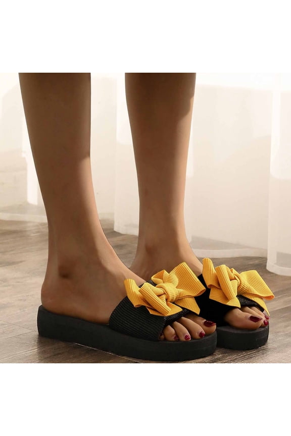 Slides for Women Flat Slide Sandals Slip On Open Toe Sandals Casual Style with Bowknot Ornament for Summer Outdoor Indoor Yellow 5.5(36)