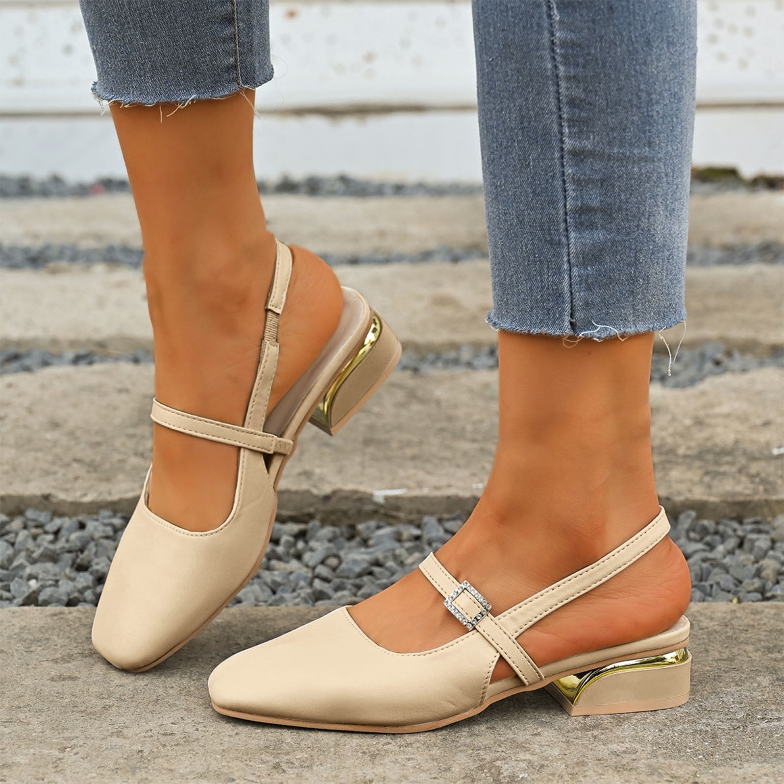 Women's Slingback Ballet Flats - Pointed Toe, Buckle Strap, Low Block Heel Dress Shoes