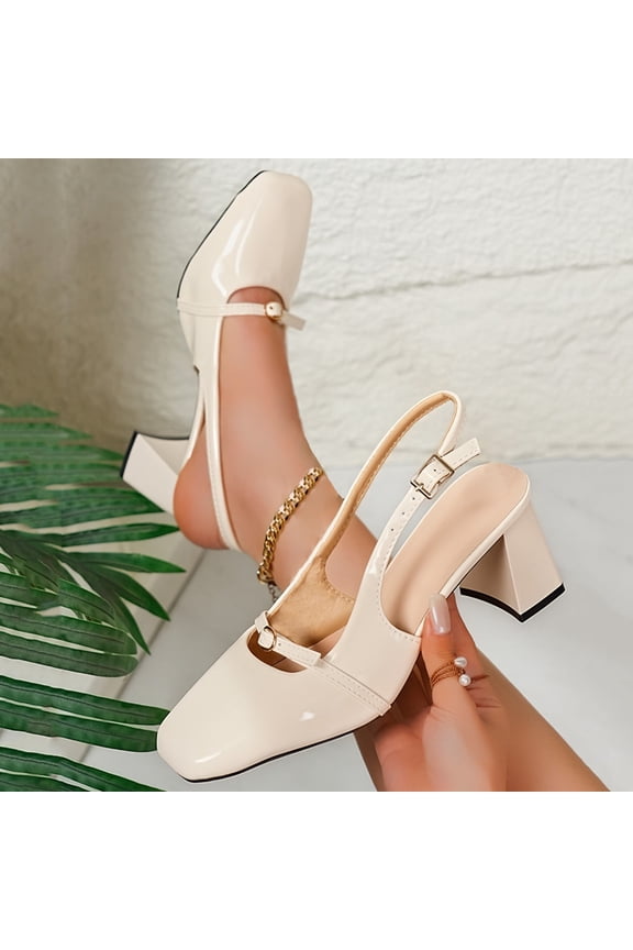 Slingback Heels Closed Square Toe Pumps Strappy Low Short Chunky Block Dress Shoes for Women Ladies Wedding Prom formal Heels Cute Dressy Thick Pumps Shoes Beige 5.5(36)