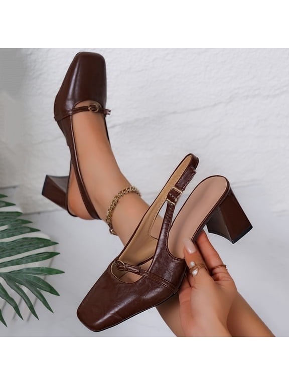 Slingback Heels Closed Square Toe Pumps Strappy Low Short Chunky Block Dress Shoes for Women Ladies Wedding Prom formal Heels Cute Dressy Thick Pumps Shoes Brown 6(37)