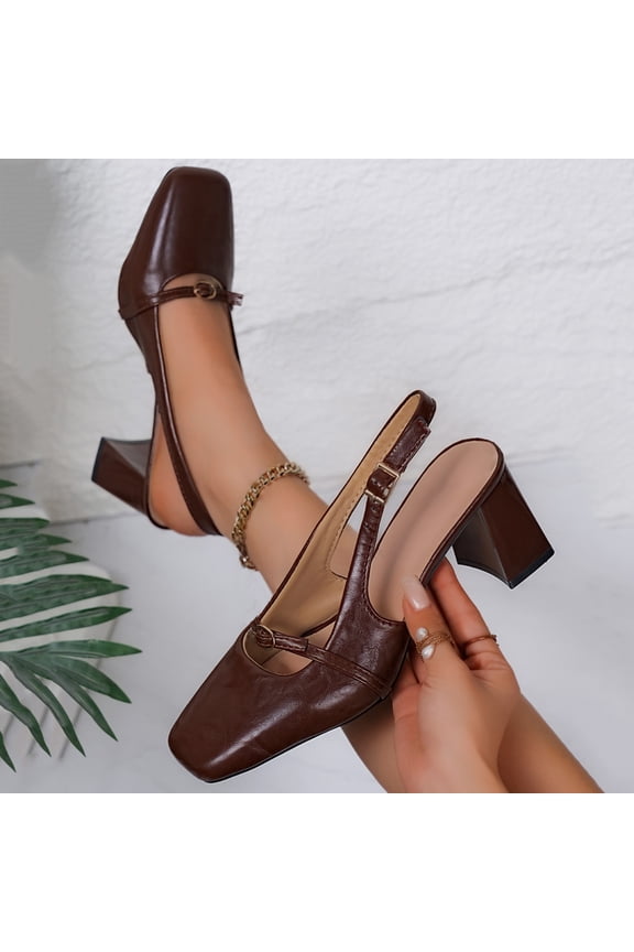 Slingback Heels Closed Square Toe Pumps Strappy Low Short Chunky Block Dress Shoes for Women Ladies Wedding Prom formal Heels Cute Dressy Thick Pumps Shoes Brown 9(42)