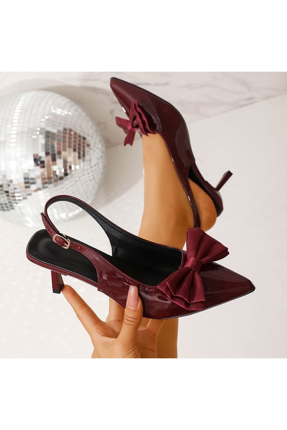 Slingback Heels for Women Bow Kitten Heels Pointed Toe Stilettos Pumps Wine 7.5(40)