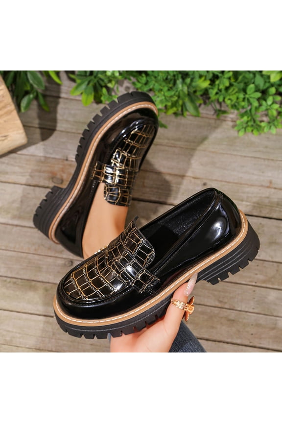 Slip On Chunky Loafers for Women Patent Leather Platform Lug Sole Penny Shoes with Metal Chain Classic Round Toe Dressy office Work Shoes Black 9(42)