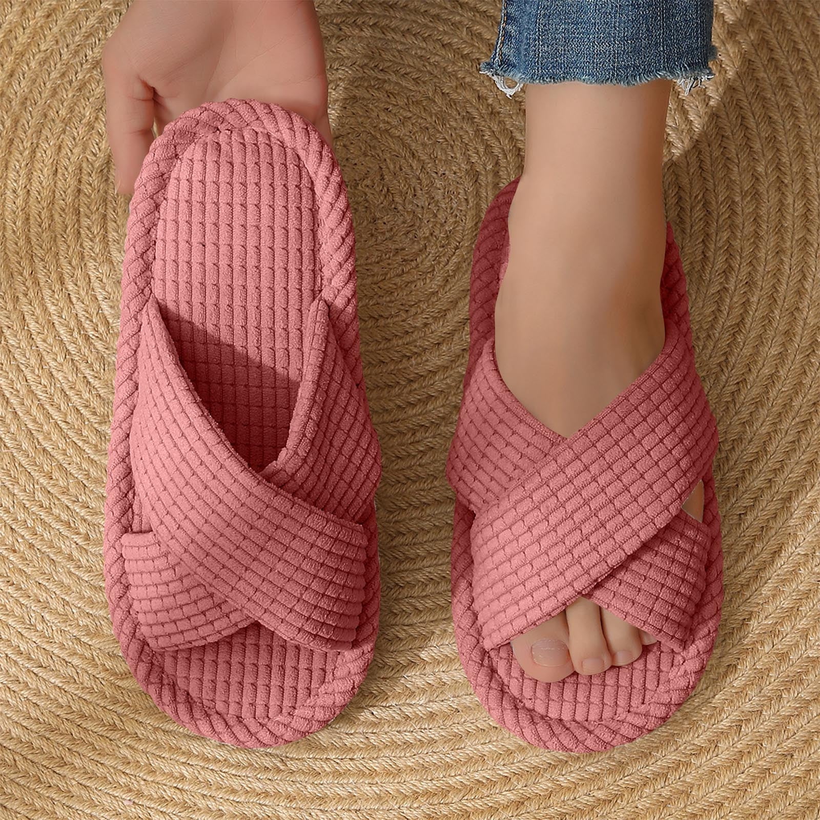 Parlovable Women's Memory Foam Slippers - Bow Cross Band Open-Toe Corduroy House Shoes With Arch Support