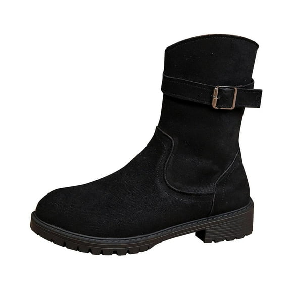 Miluxas Slouchy Mid Calf Flat Boots for Women Pull On Round Toe Fall and Winter Fashion Comfortable Boots Black 5.5(36)