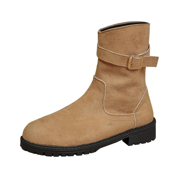 Miluxas Slouchy Mid Calf Flat Boots for Women Pull On Round Toe Fall and Winter Fashion Comfortable Boots Khaki 6.5(38)