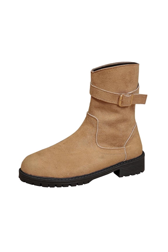 Slouchy Mid Calf Flat Boots for Women Pull On Round Toe Fall and Winter Fashion Comfortable Boots Khaki 8.5(41)