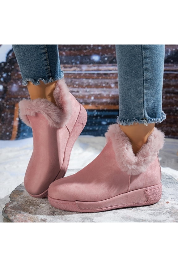 Snow Boots for Women Winter Warm Fuzzy Fleece Ankle Booties Comfortable V-Cut Slip On Short Outdoor Boots Pink 7(39)