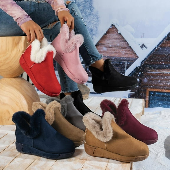 Miluxas Snow Boots for Women Winter Warm Fuzzy Fleece Ankle Booties Comfortable V-Cut Slip On Short Outdoor Boots Wine 9.5(43)