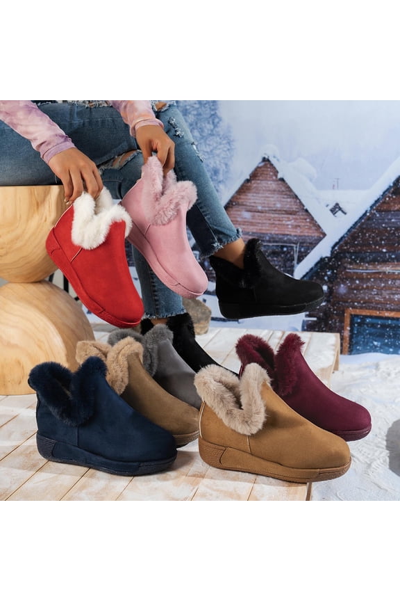 Snow Boots for Women Winter Warm Fuzzy Fleece Ankle Booties Comfortable V-Cut Slip On Short Outdoor Boots Wine 9.5(43)