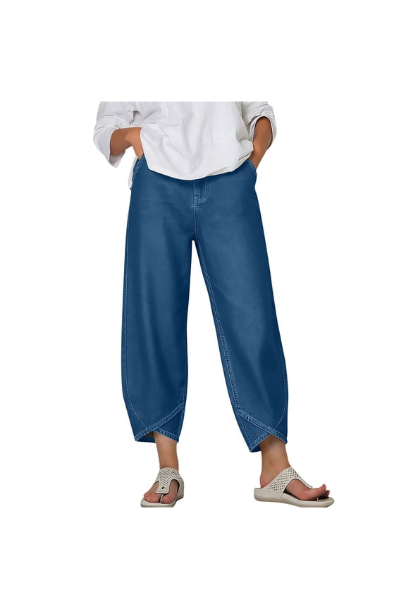 Soft Faux Denim Pants for Women Casual Petal-cropped Hem Wide Leg Jeans Summer Elastic High Waist Pants with Pockets Blue