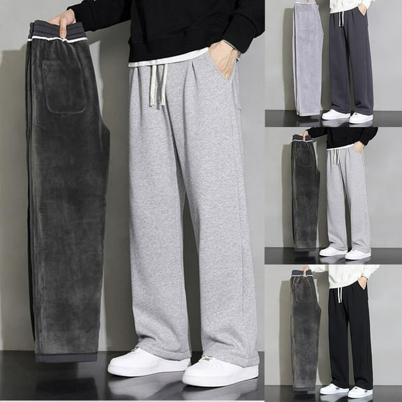 Miluxas Solid Color Casual Simple High Waist Elastic Drawstring Splicing Cotton Men's Wide Leg Pants Gray
