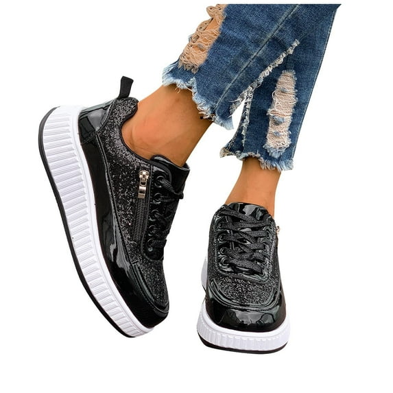 Miluxas Sparkling Rhinestone Sequin Women's Glitter Sneakers Tennis Sparkly Shoes - Shiny Casual Flat Loafers for Fashionistas Black 7.5(40)