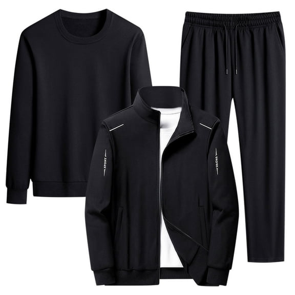 Miluxas Sport Solid Color Stand up Collar Cardigan Round Neck Sweater Pants 3-Piece Set Men's Sports Set Black