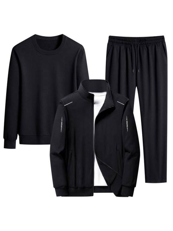 Sport Solid Color Stand up Collar Cardigan Round Neck Sweater Pants 3-Piece Set Men's Sports Set Black