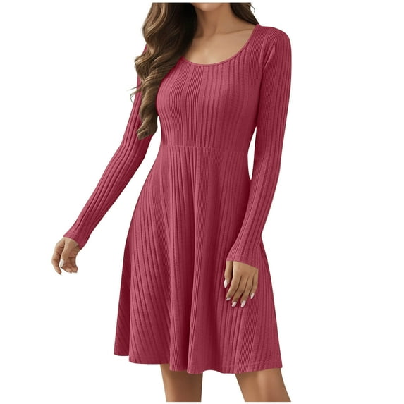 Miluxas Spring Dresses for Women Ribbed Knit Tunic Midi Dress Long Sleeve Scoop Neck Dress Solid Business Casual Dresses Hot Pink