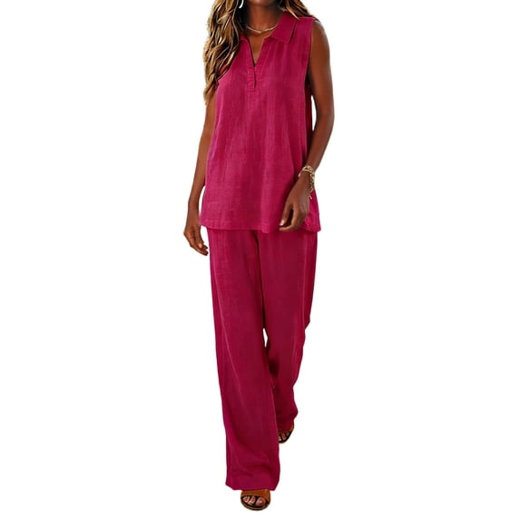 Miluxas Spring Summer Casual 2 Piece Outfits for Women Solid Lapel Sleeveless Shirts Matching Wide Leg Palazzo Pants Hot Pink