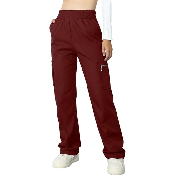Miluxas Spring Wide Leg Cargo Pants for Women Loose Fit Elastic High Waisted Parachute Pants with Pockets Outdoor Sports Slacks Wine