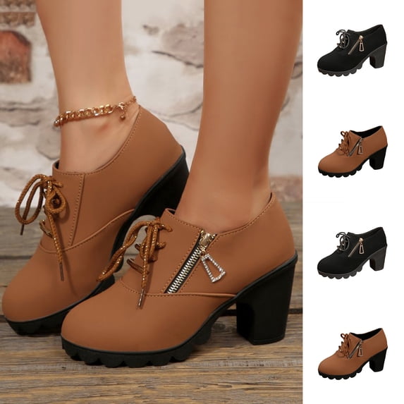 Miluxas Spring Winter Women Pumps Boots Lace-up Womens Shoes Leather High Heels Boots Brown 9(42)