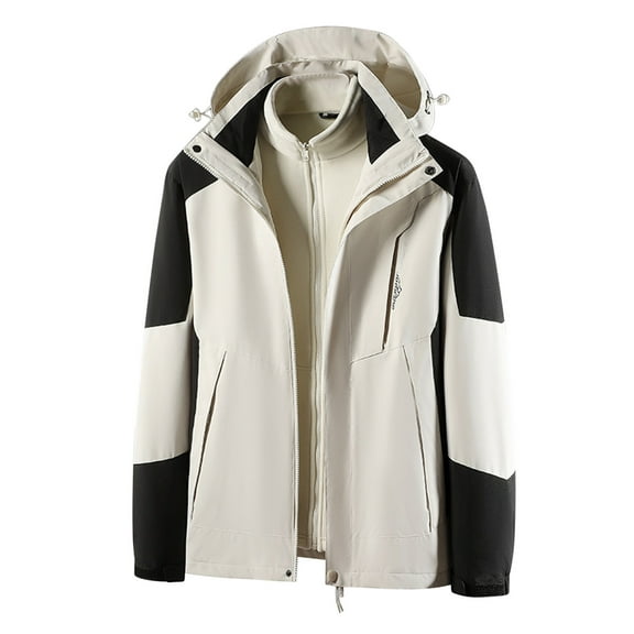 Miluxas Stand Collar Zipper Hooded Windbreaker Jacket for Men Long Sleeve Windproof Coat Casual Outdoor Jacket with Pocket Beige