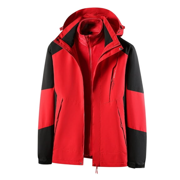 Miluxas Stand Collar Zipper Hooded Windbreaker Jacket for Men Long Sleeve Windproof Coat Casual Outdoor Jacket with Pocket Red
