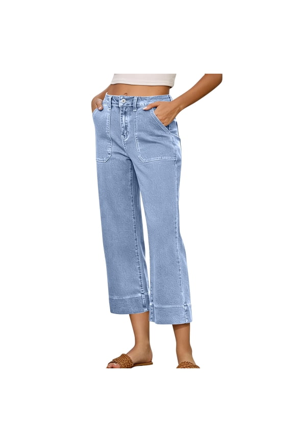 Straight Leg Pocket Jeans for Women Mid Rise Microelastic Denim Trousers Solid Summer Casual Going Out Pants Light Blue