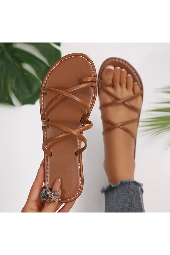 Strappy Sandals for Women Open Toe Flip Flops Comfortable Flat Sandals Toe Ring Thong Sandals for women Brown 7(39)