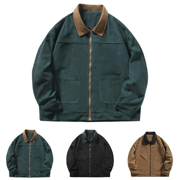Miluxas Streetwear Stylish Jacket Coat Corduroy Autumn Patchwork Turn-down Collar Cardigan Men Long Sleeve Zipper Jackets Green