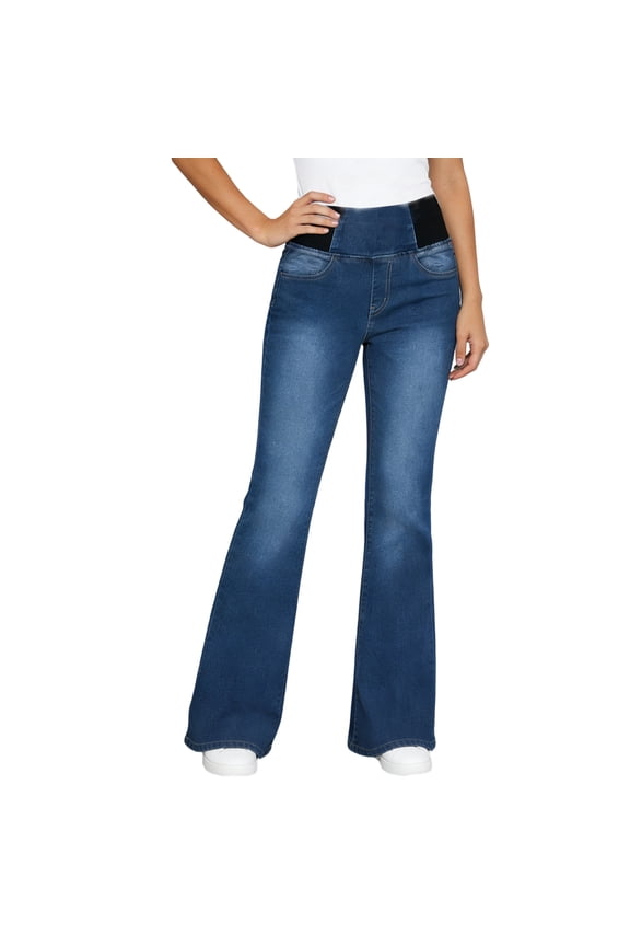 Stretchy Flare Denim Pants for Women High Waisted Pull On Bell Bottom Jeans Trendy Elastic Tummy Control Denim Pants with Pockets Dark Blue