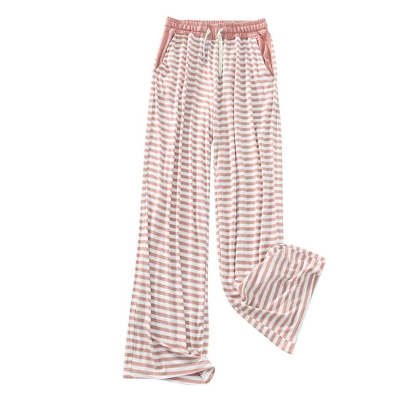 Miluxas Striped Wide Leg Pants Woman High Waisted Pull on Elastic Waist Casual Lounge Comfy Loose Fit Pants with Pockets Pink 6(M)