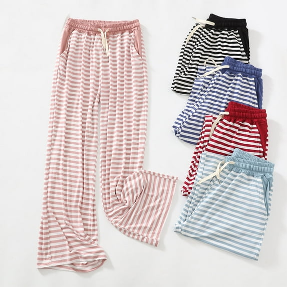 Miluxas Striped Wide Leg Pants Woman High Waisted Pull on Elastic Waist Casual Lounge Comfy Loose Fit Pants with Pockets Wine 10(XL)