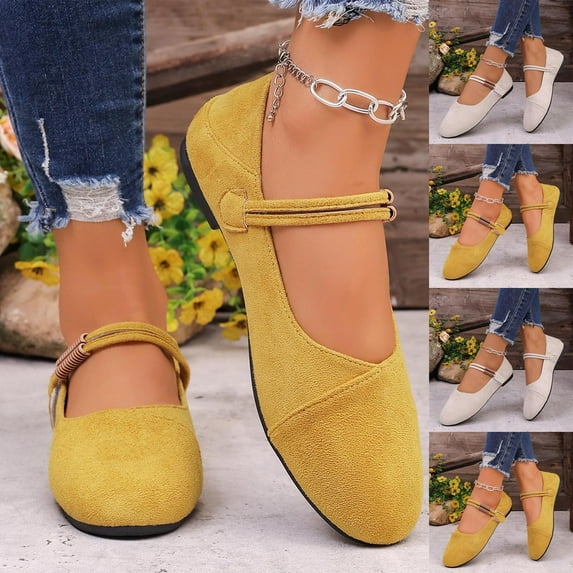 Miluxas Suede Ballet Mary Jane Flats for Women, Round Toe Daily Cozy Comfort Slip On Flat Shoes, Casual Shoes Yellow 9.5(43)