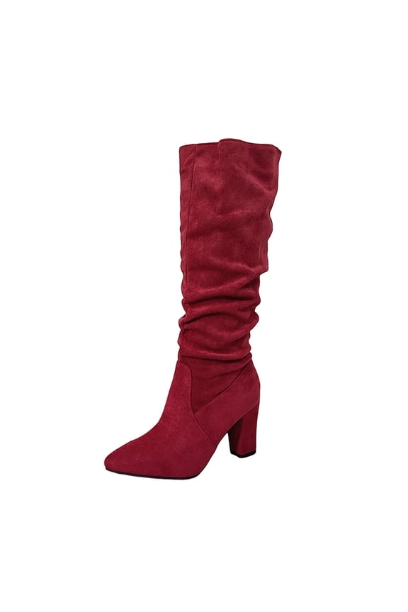 Suede Knee-High Boots Winter Pure Color Casual Boot for Women Chunky High Heel Round Toe Fashion Boot Wine 7.5(40)