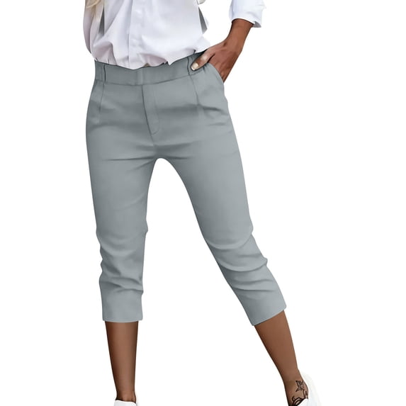 Miluxas Suit office Capris for Women Elastic Waisted Business Slacks with Double Pockets Summer Solid Going Out Capris Gray