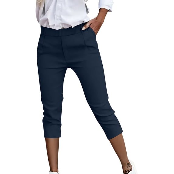 Miluxas Suit office Capris for Women Elastic Waisted Business Slacks with Double Pockets Summer Solid Going Out Capris Navy