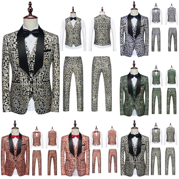 Miluxas Suits for Men, Floral Tuxedo Set with Shawl Lapel, 1-Button Blazer, Vest & Elastic Waist Pants, 3-Piece Watermelon Red