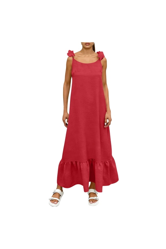 Summer Casual Dress for Women Sleeveless Ruffle Shoulder Low Cut Neck Tie Back Solid Backless Sundress Red