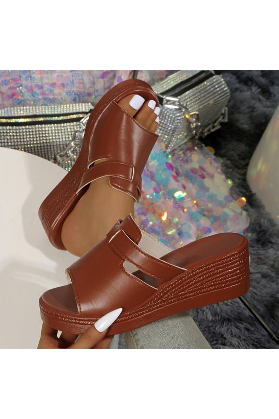 Summer Comfortable Orthotic Leather Wedges Slides Dressy Platform Heel Arch Support Slip Sandals Brown 6.5(38)